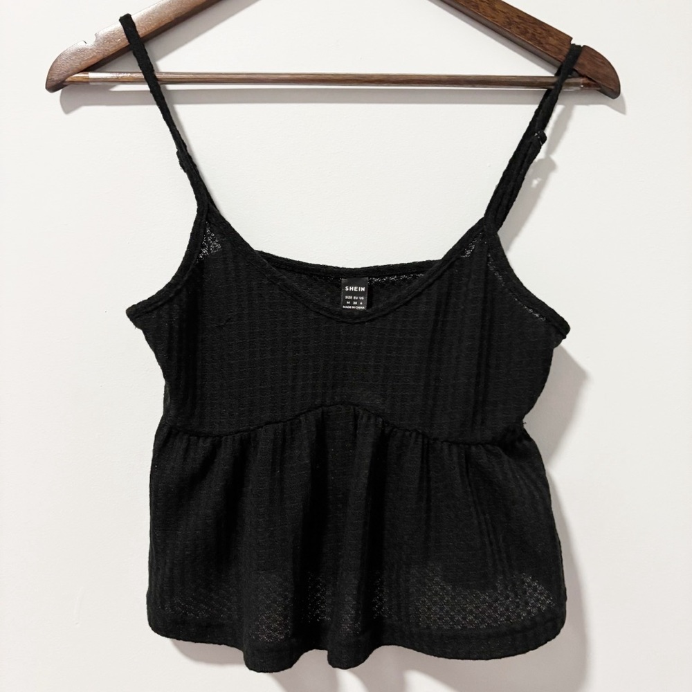 Shein Tank‎ Top Womens Sz Small Black Waffle Knit Sleeveless Peplum Top NWT